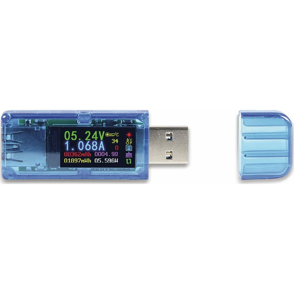 Ein blauer USB-Tester zeigt 5,24V, 1,068A, 362mAh, 4,99W und 1897mAh, 5,59W an.