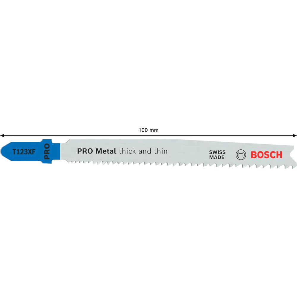 Eine Bosch Stichsägeblatt mit der Aufschrift T123XF PRO Metal thick and thin.