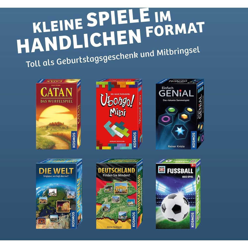 Sei scatole di giochi da tavolo: Catan, Ubongo Mini, Genial, Die Welt, Germania, Calcio.
