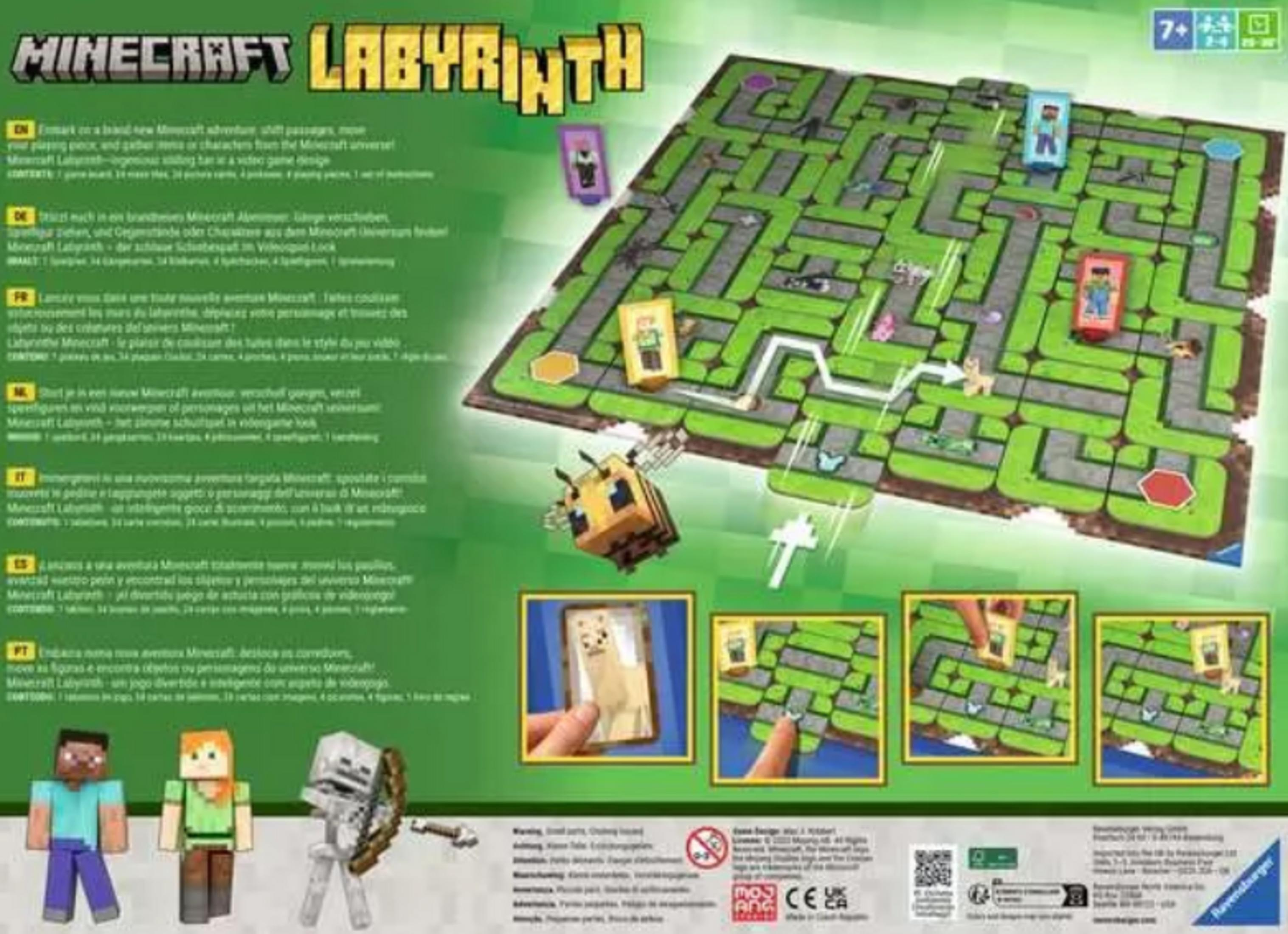 Minecraft Labyrinth Spielbrett mit Figuren, Bienen und Spielanleitungen.