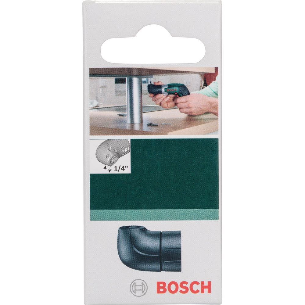 Emballage Bosch montrant des images d'outils : perceuse en cours d'utilisation, embout de 1/4 pouce, pièce coudée.