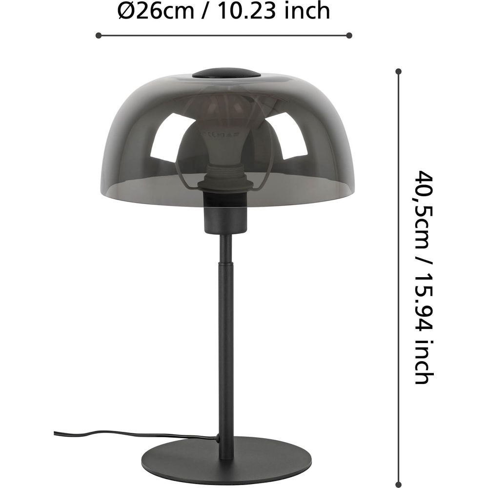 Schwarze Tischlampe mit rauchgrauem Schirm, Maße: 26x40,5cm.