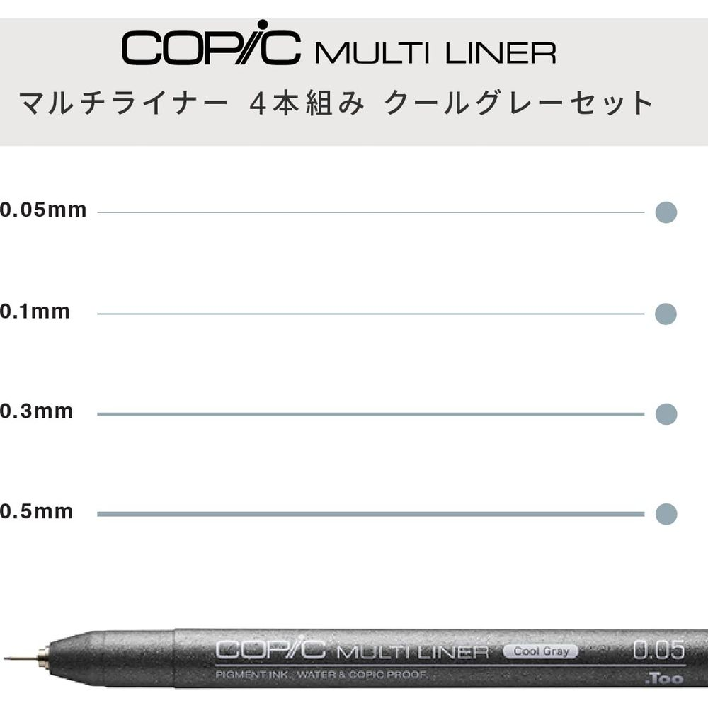 Copic Multi Liner Stifte im Set: 0,05mm, 0,1mm, 0,3mm, 0,5mm.
