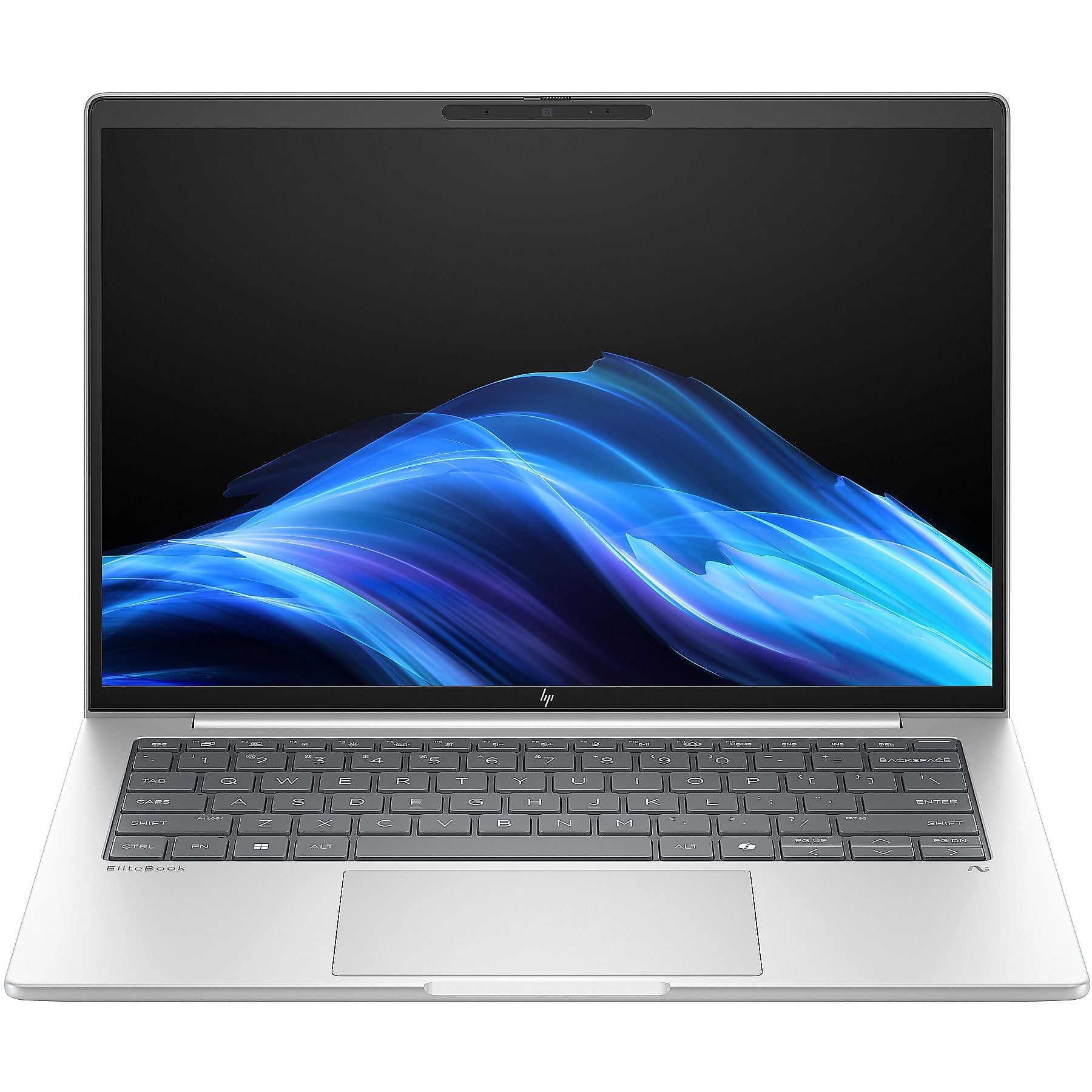 Un laptop HP EliteBook argentato con uno sfondo blu astratto sul suo schermo.