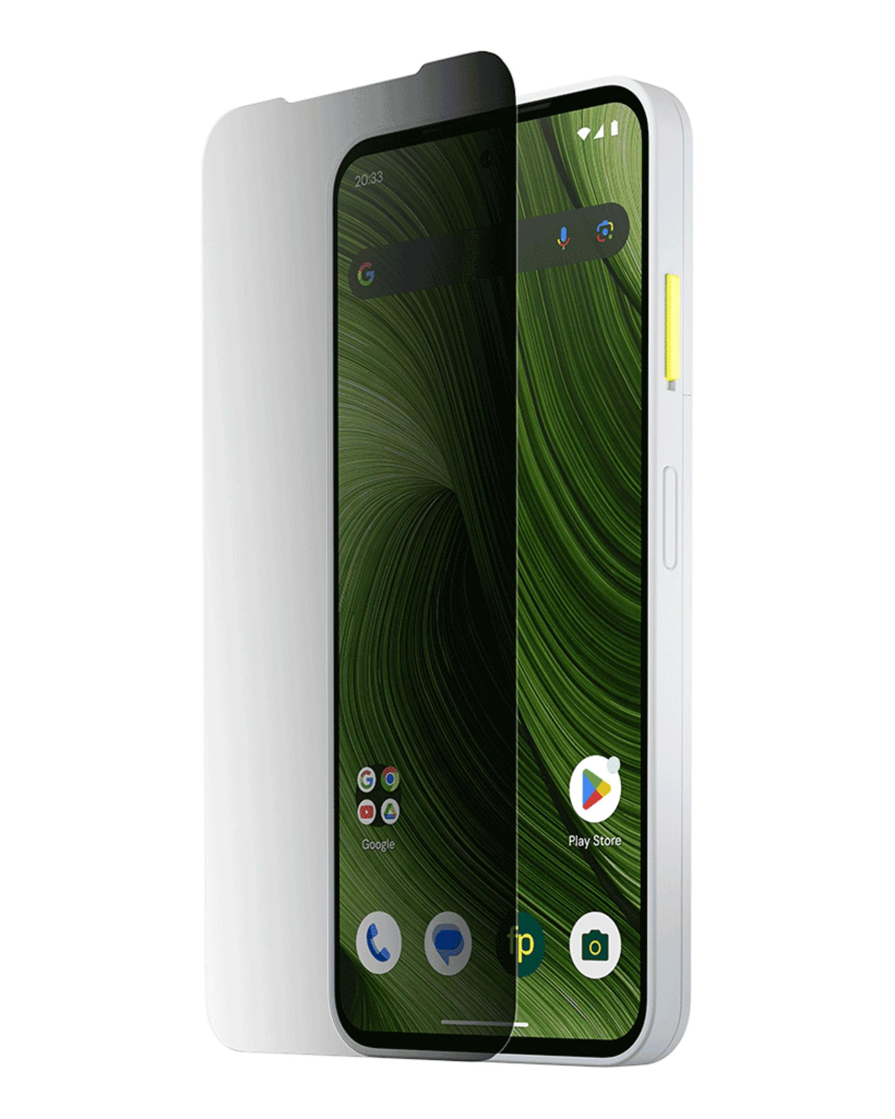 Een smartphone met witte behuizing en privacy screenprotector.