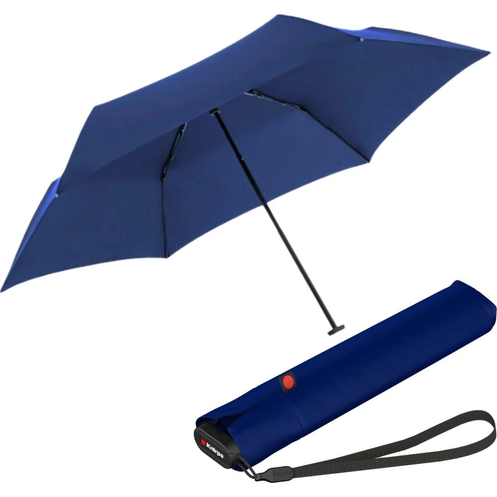 Ein dunkelblauer Regenschirm ist geöffnet. Daneben liegt eine dunkelblaue Hülle.