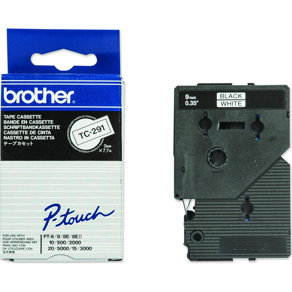 Una cassetta di nastro Brother e una cartuccia di nastro per etichettatrice.