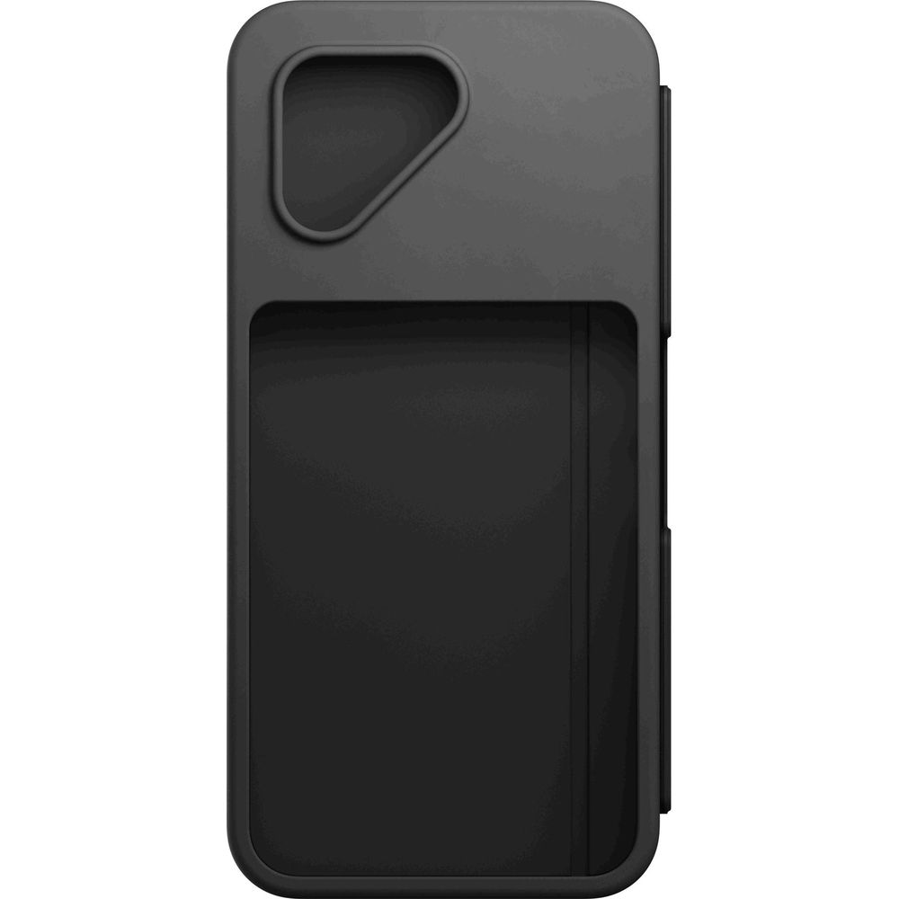 Custodia nera per telefono con ritaglio fotocamera e slot porta carte.