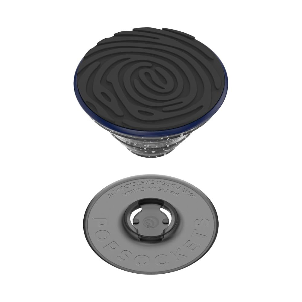 PopSocket noir à motif d'empreintes digitales et bordure bleue.