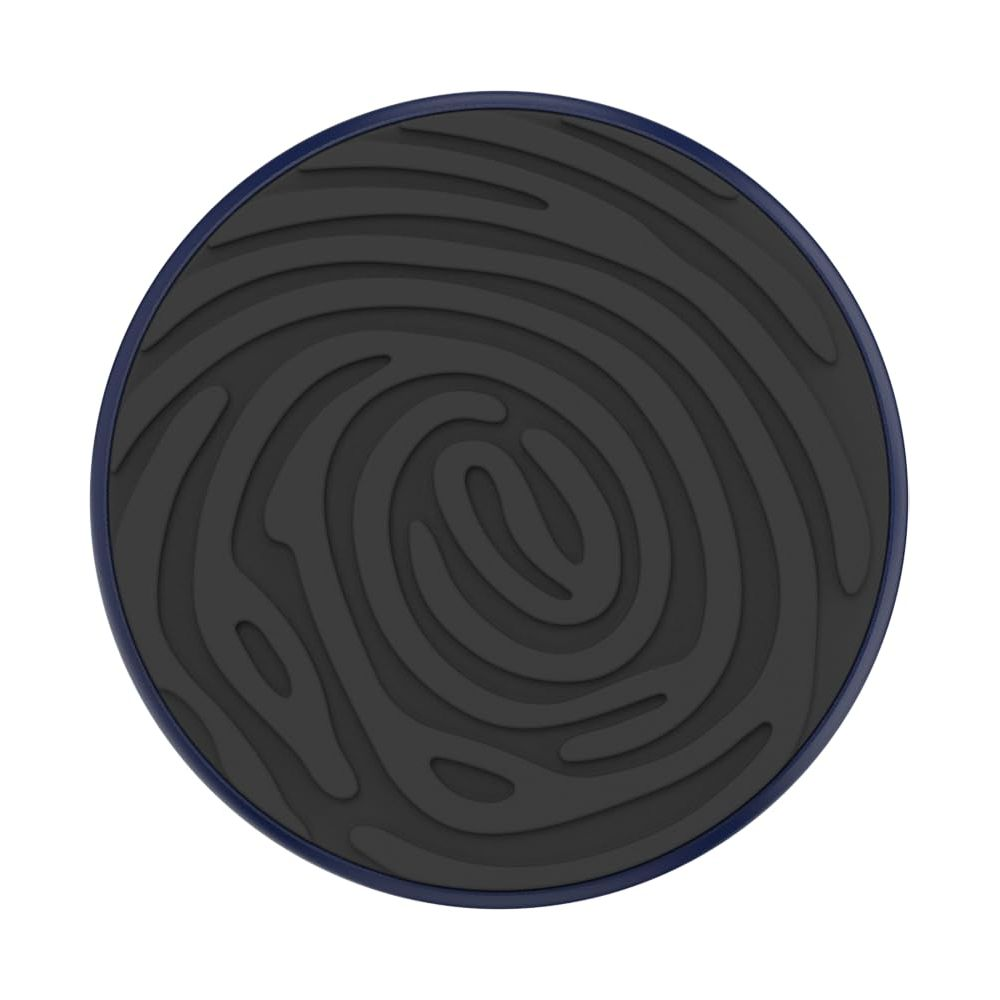 Un coussinet circulaire gris foncé avec motif d'empreinte digitale à l'intérieur d'un bord bleu foncé.