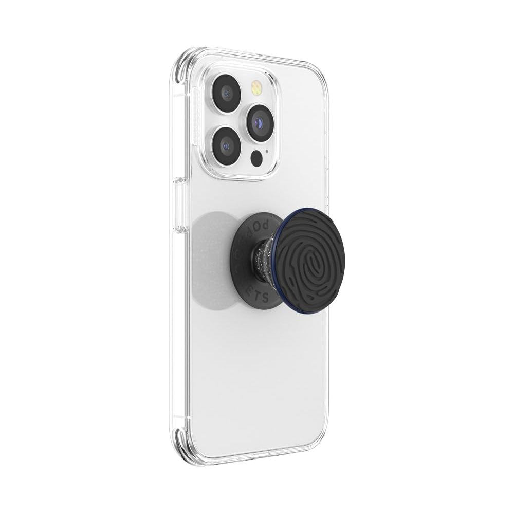 Une coque de téléphone transparente avec un PopSocket noir empreinte digitale.