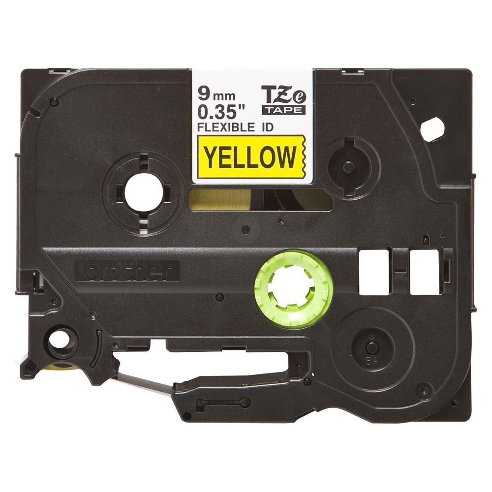Cassetta nastro Brother nera con etichetta gialla, nastro Flexible ID 9 mm 0,35 pollici.