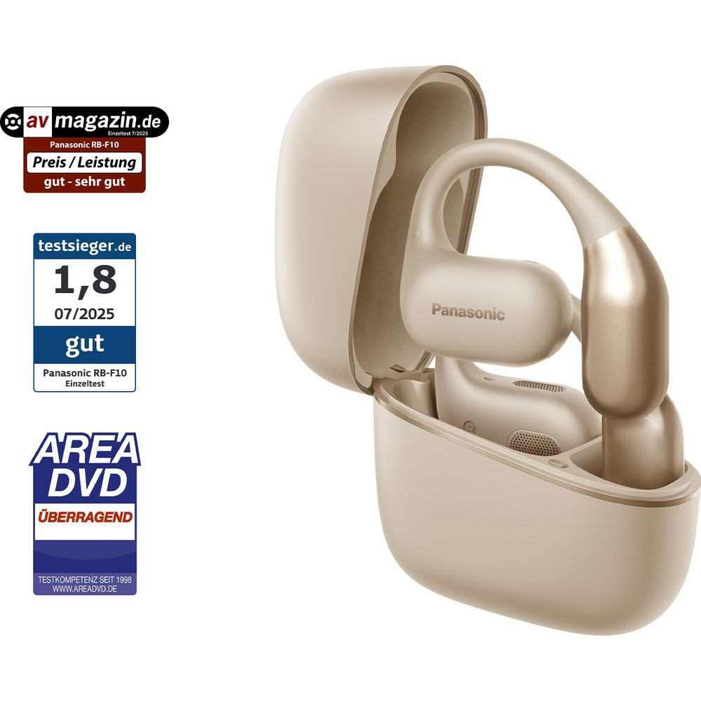 Goldene Panasonic Kopfhörer in einem Ladecase mit deutschen Test-Siegeln.