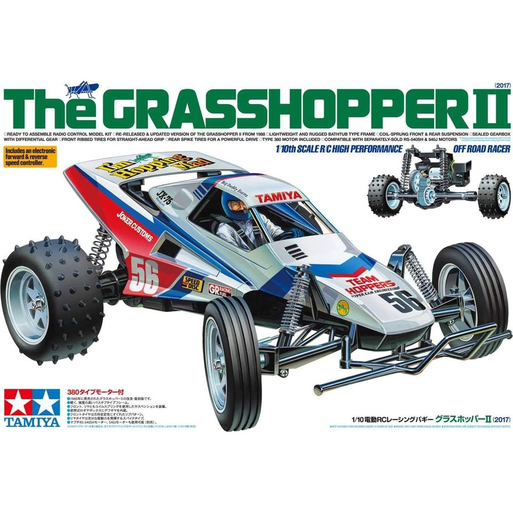 Une voiture de course RC blanche, bleue et rouge étiquetée "The Grasshopper II" avec le numéro 56.