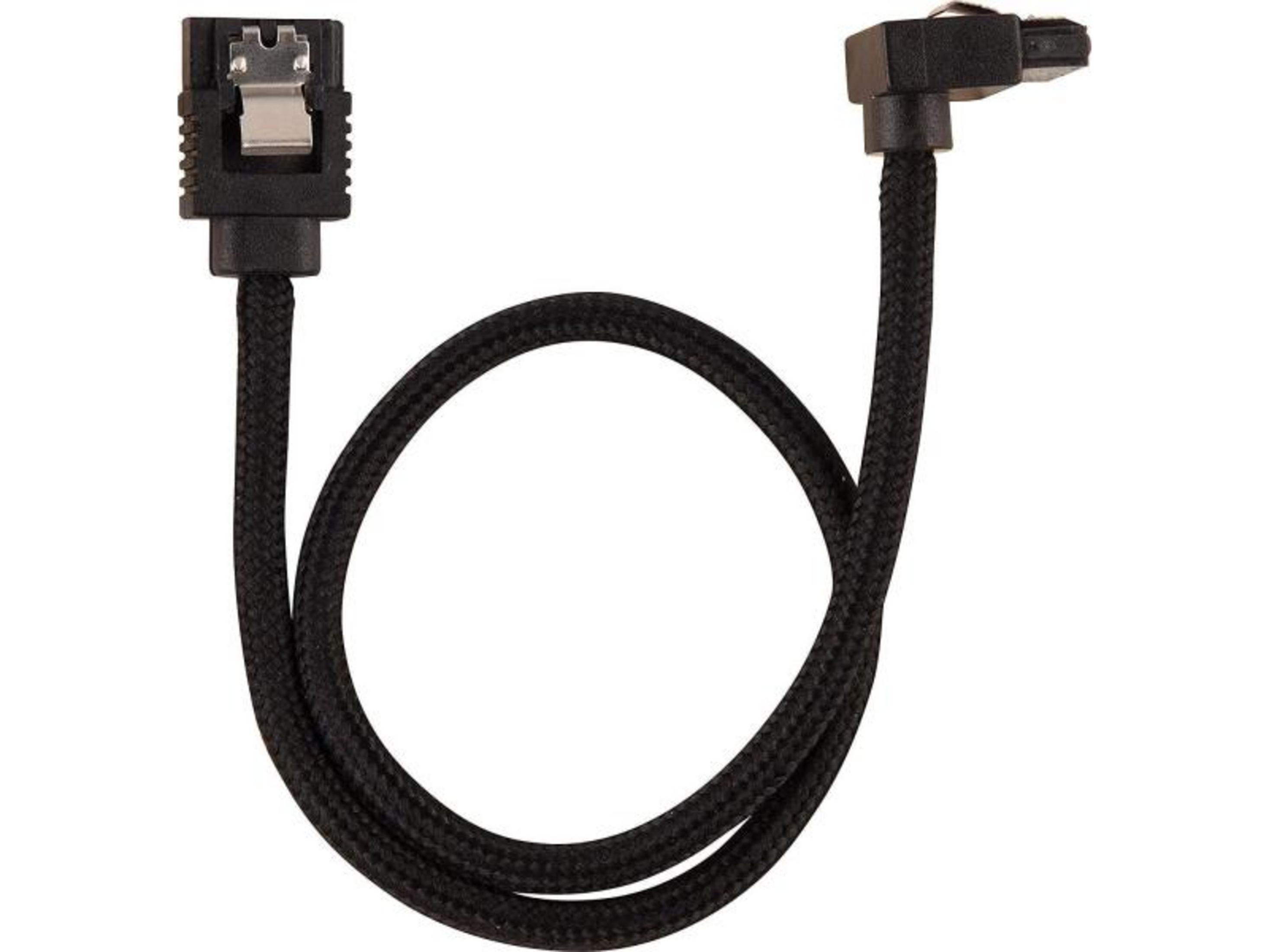 Cavo dati SATA nero con connettore angolato e guaina intrecciata.