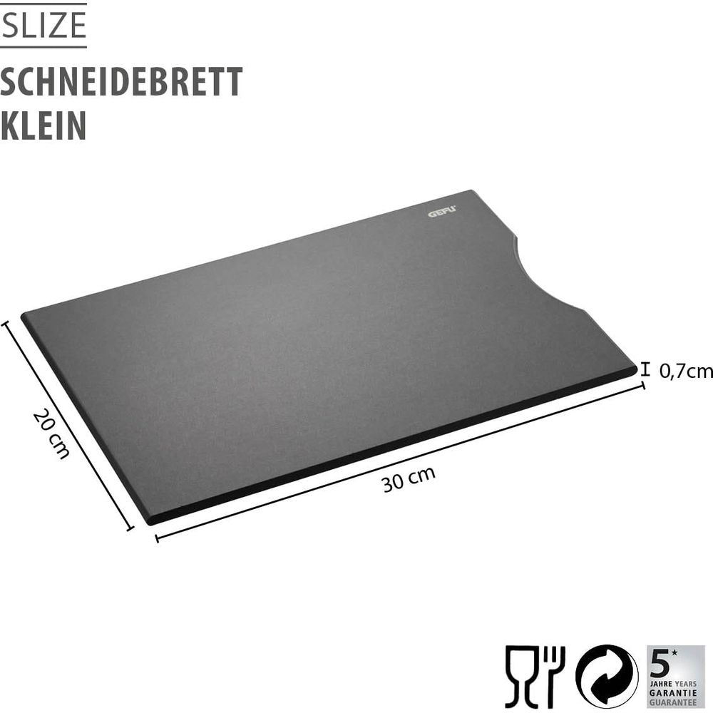 Dunkelgraue Schneidebrett, 30x20x0,7cm, mit Griffmulde, Marke GEFU.