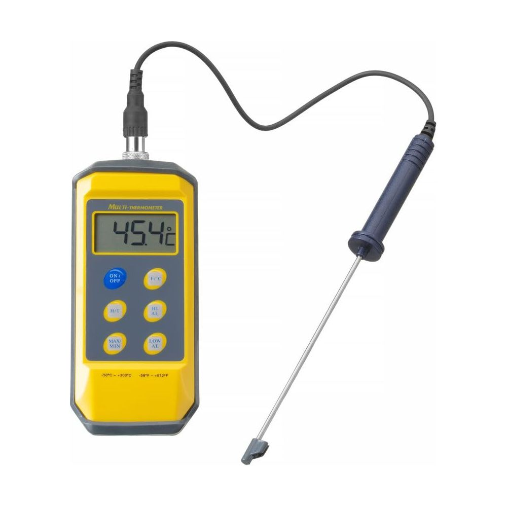 Un termometro digitale giallo con sonda e cavo.