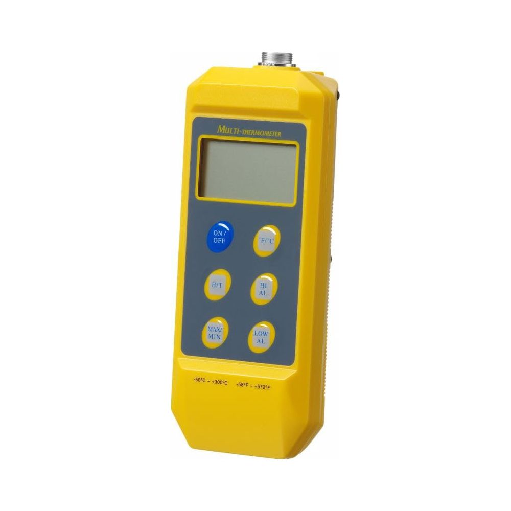 Termometro digitale giallo con schermo LCD e pulsanti per varie funzioni.