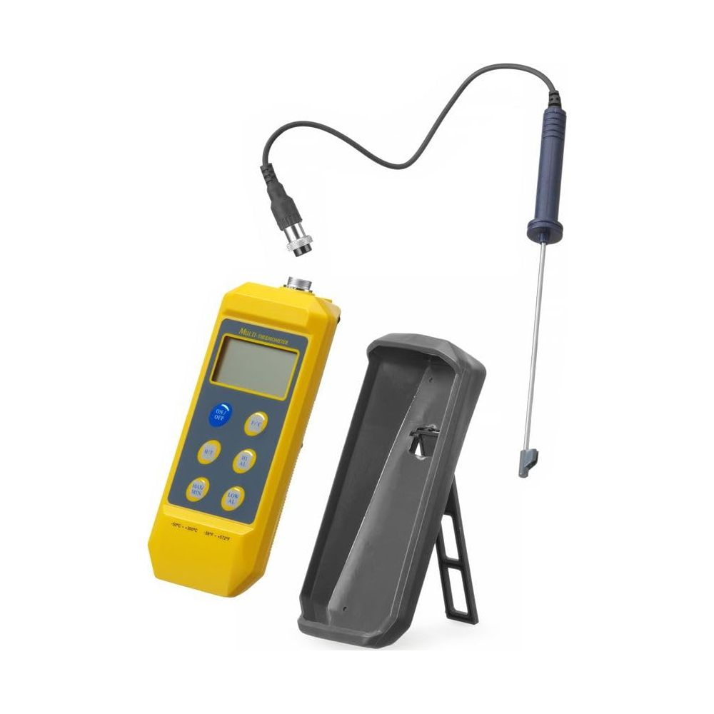 Un misuratore giallo con schermo LCD, pulsanti e una sonda accanto.