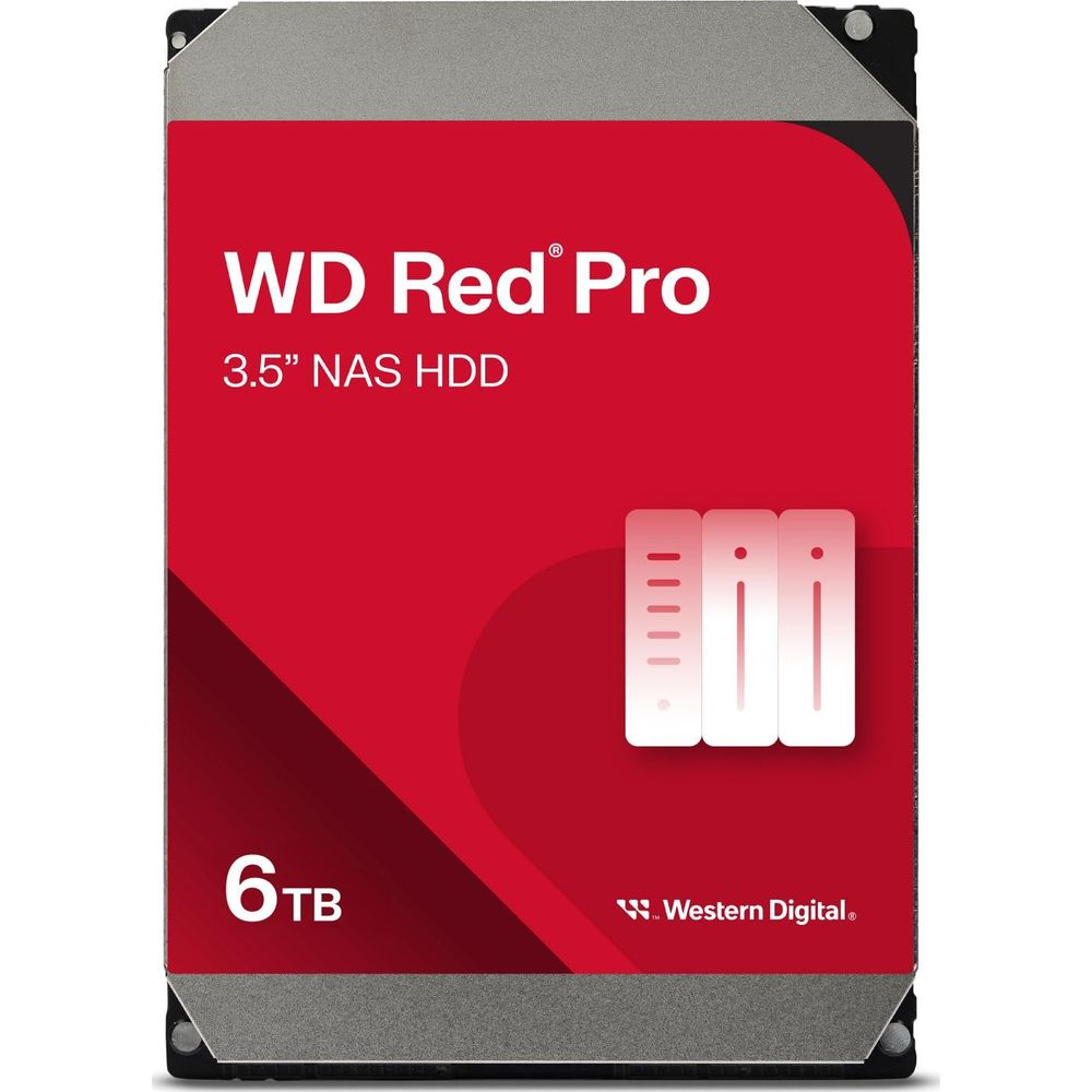 Un disque dur NAS WD Red Pro 3,5" de 6 To avec étiquette rouge.