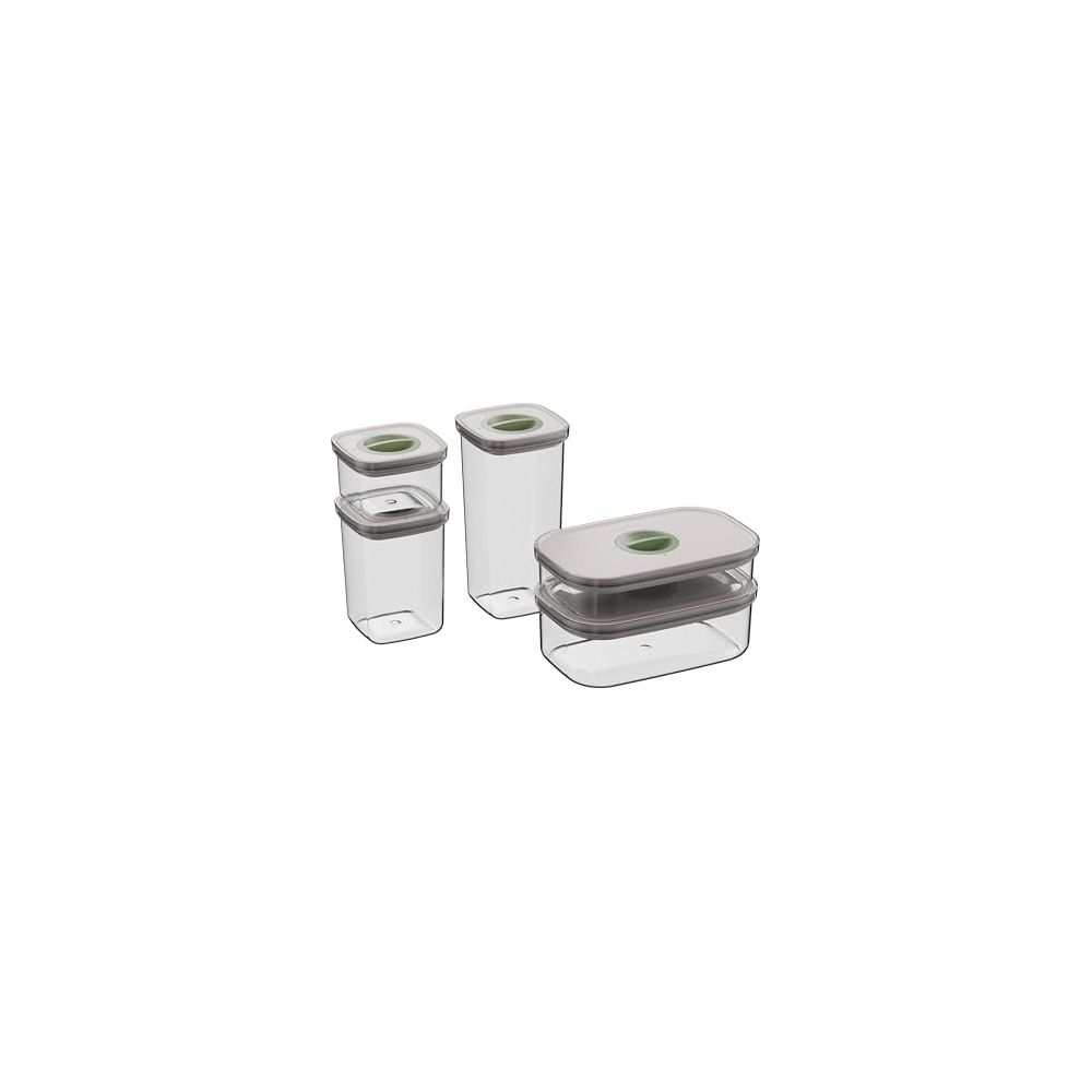 Four clear food storage containers with green lids, on a white background.
