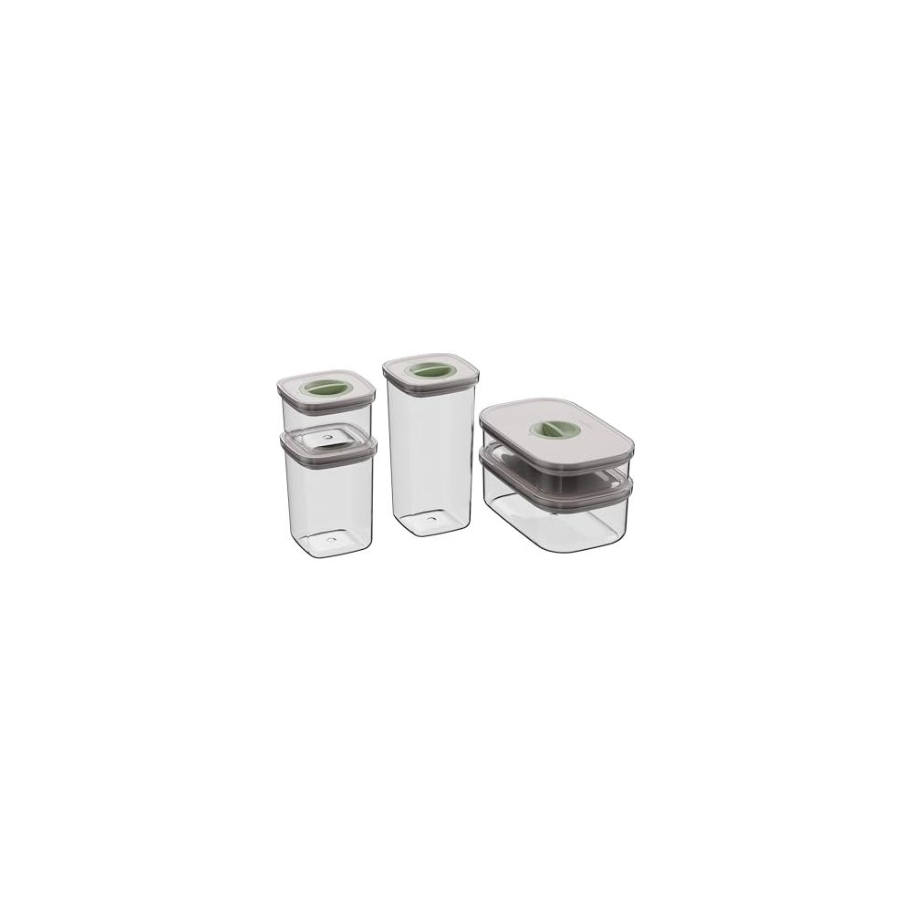 Four clear rectangular food storage containers with green lids. Two stacked, one tall, one short.