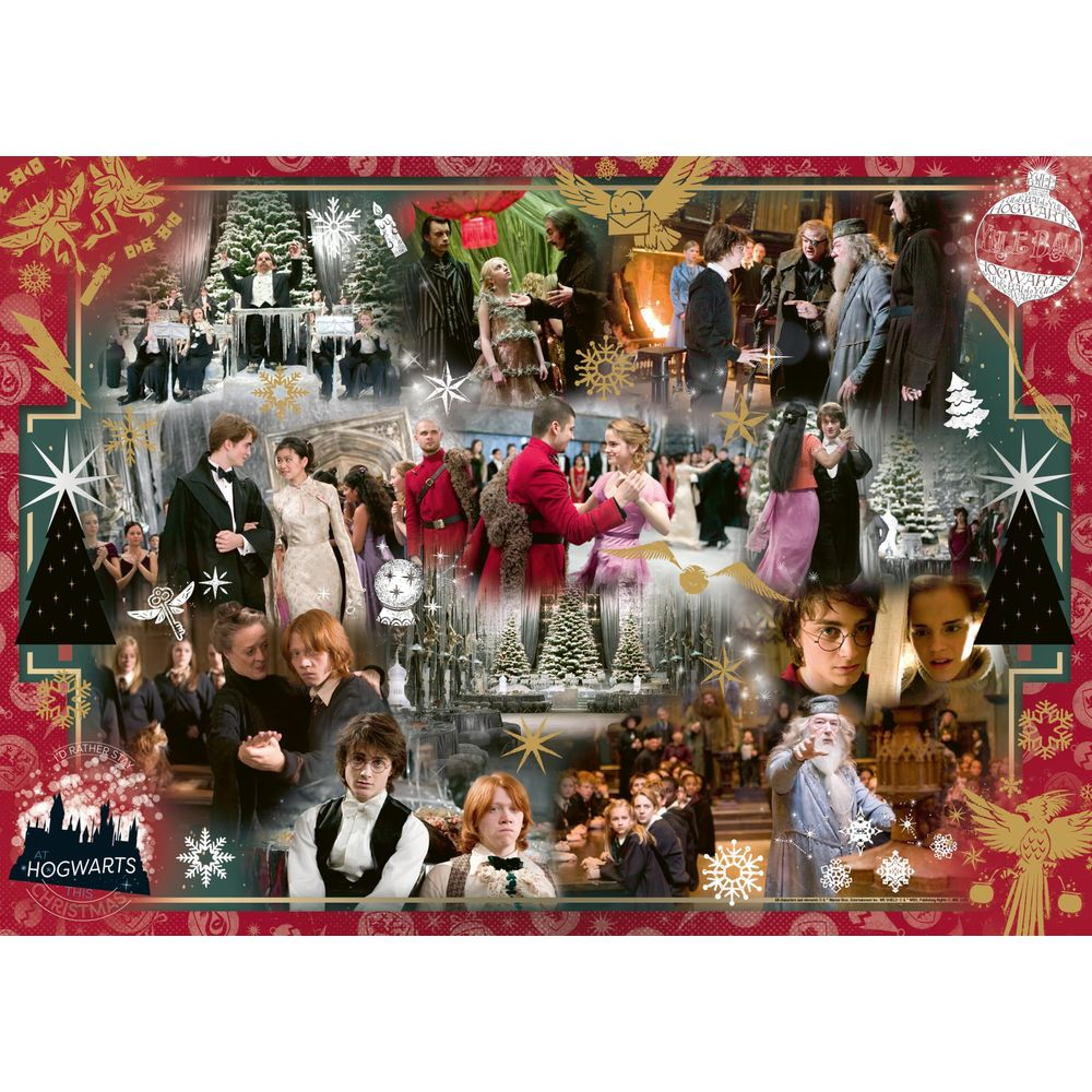Collage van Harry Potter-scènes met feestelijke en magische elementen.