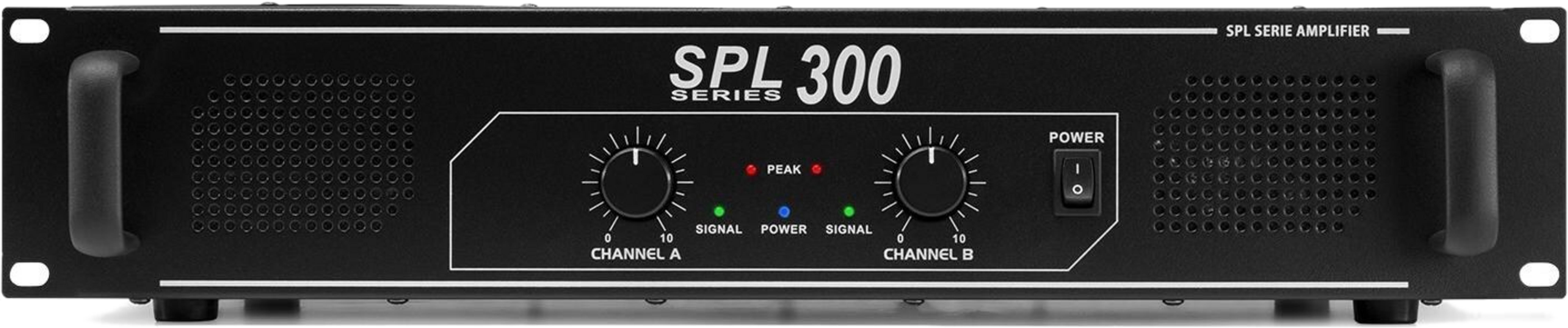 Schwarzer SPL 300 Verstärker mit Griffen, Reglern und Lichtern.