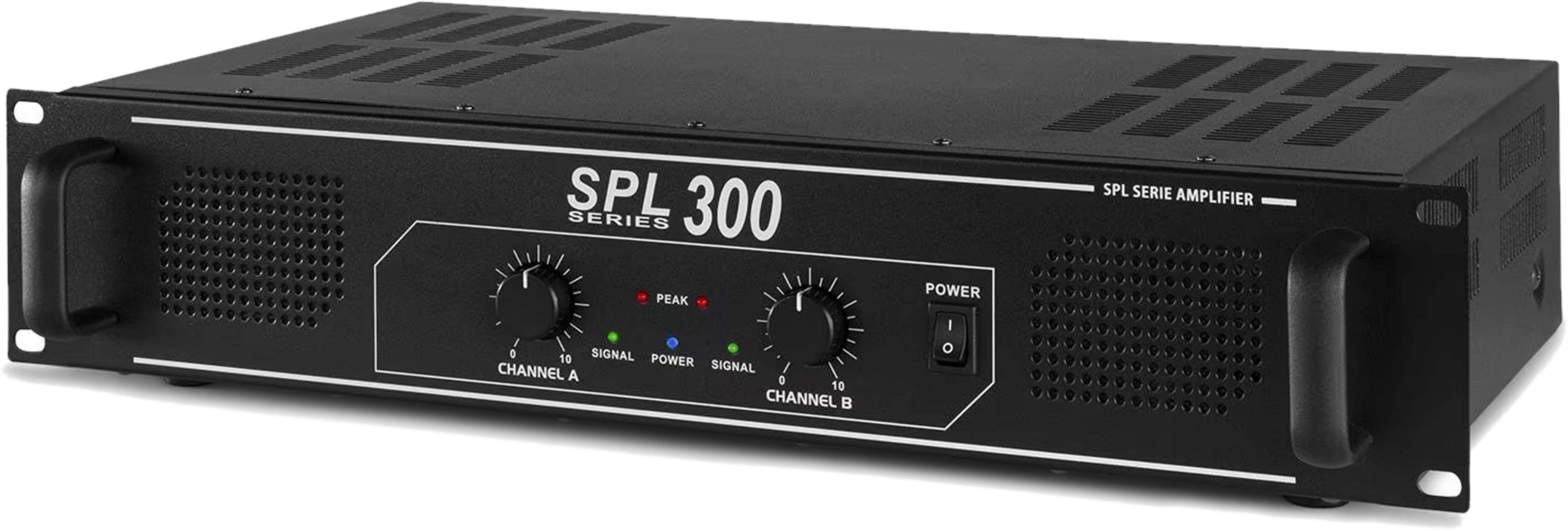 Schwarzer SPL 300 Serie Verstärker mit Drehreglern, Lichtern und Netzschalter.