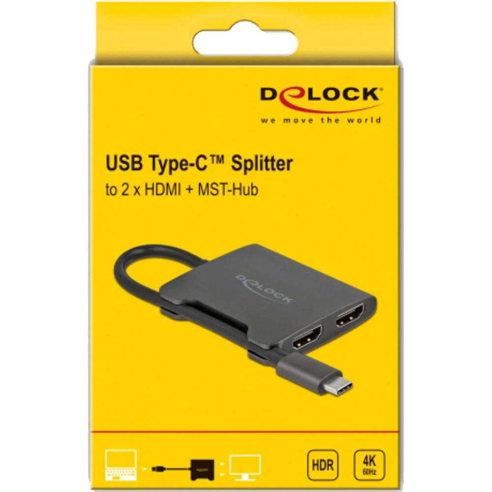 Grauer USB-C Splitter mit zwei HDMI-Anschlüssen und Kabel.