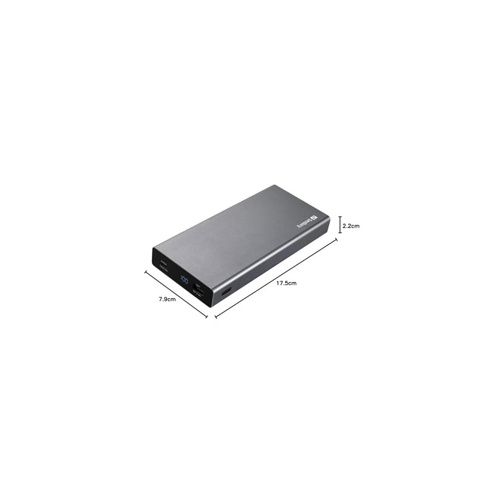 Grauer Powerbank mit digitalen Anzeige, Maße 17,5x7,9x2,2cm.