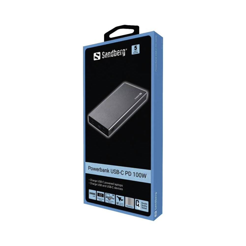 Sandberg Powerbank USB-C PD 100W auf schwarzer Verpackung mit einem Bild der Powerbank.