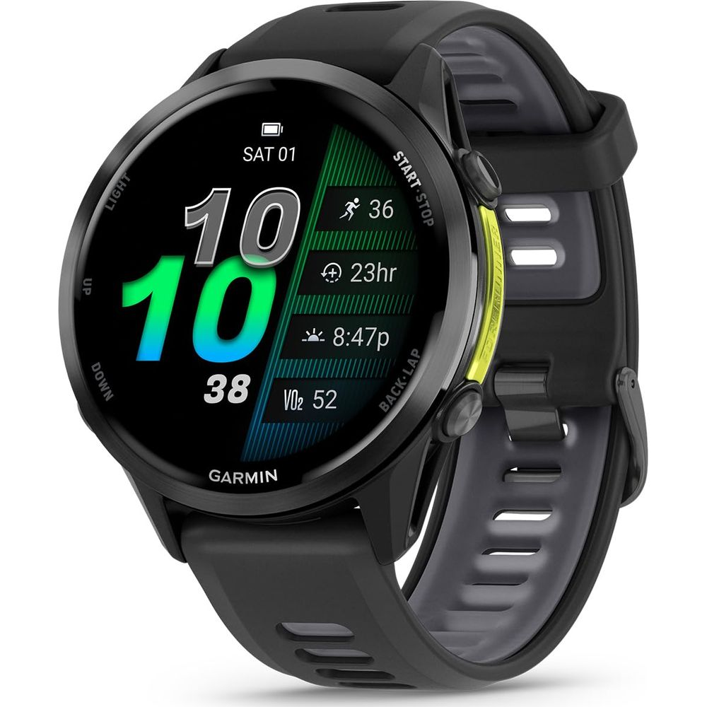 Czarny smartwatch Garmin z kolorowym wyświetlaczem. Pokazuje godzinę, datę, tętno i inne.