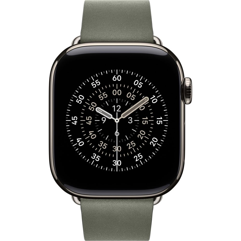 Uno smartwatch con cinturino grigio mostra un quadrante con traccia dei minuti e due lancette.