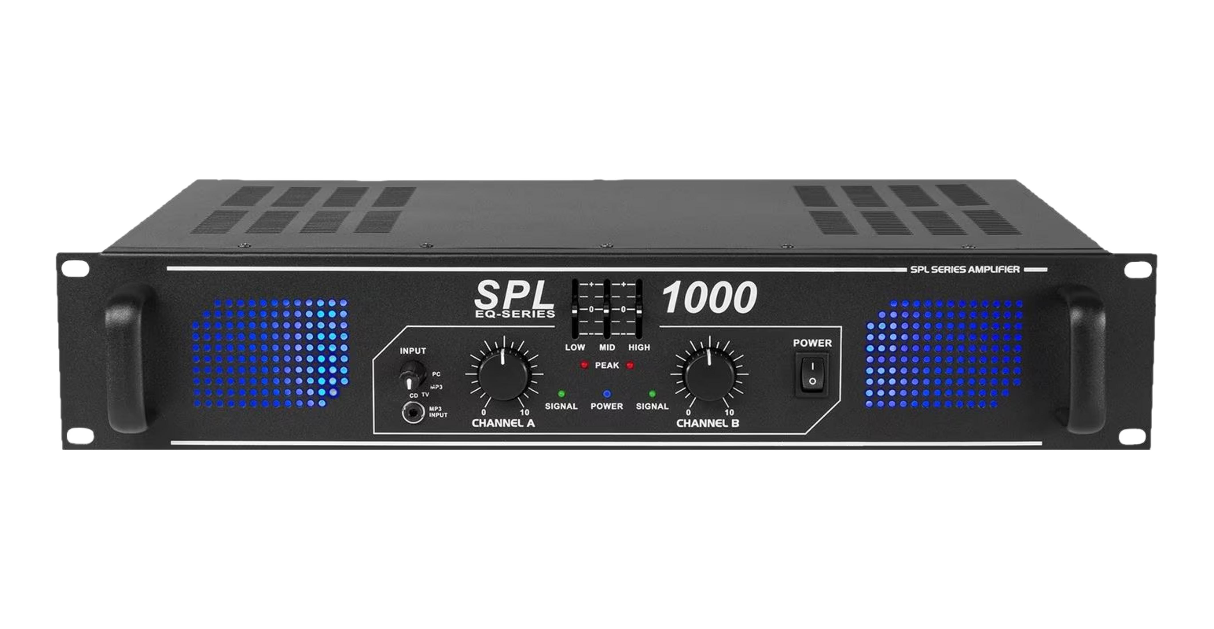 Schwarzer Verstärker mit blauen LEDs, Knöpfen und Schaltern.