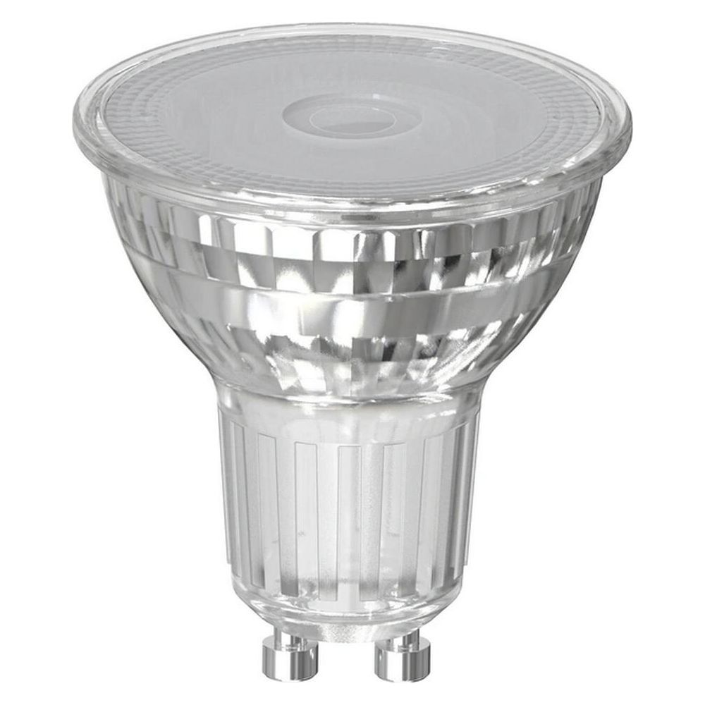 Eine transparente LED-Glühbirne mit silbernen Rippen und zwei Stiften unten.