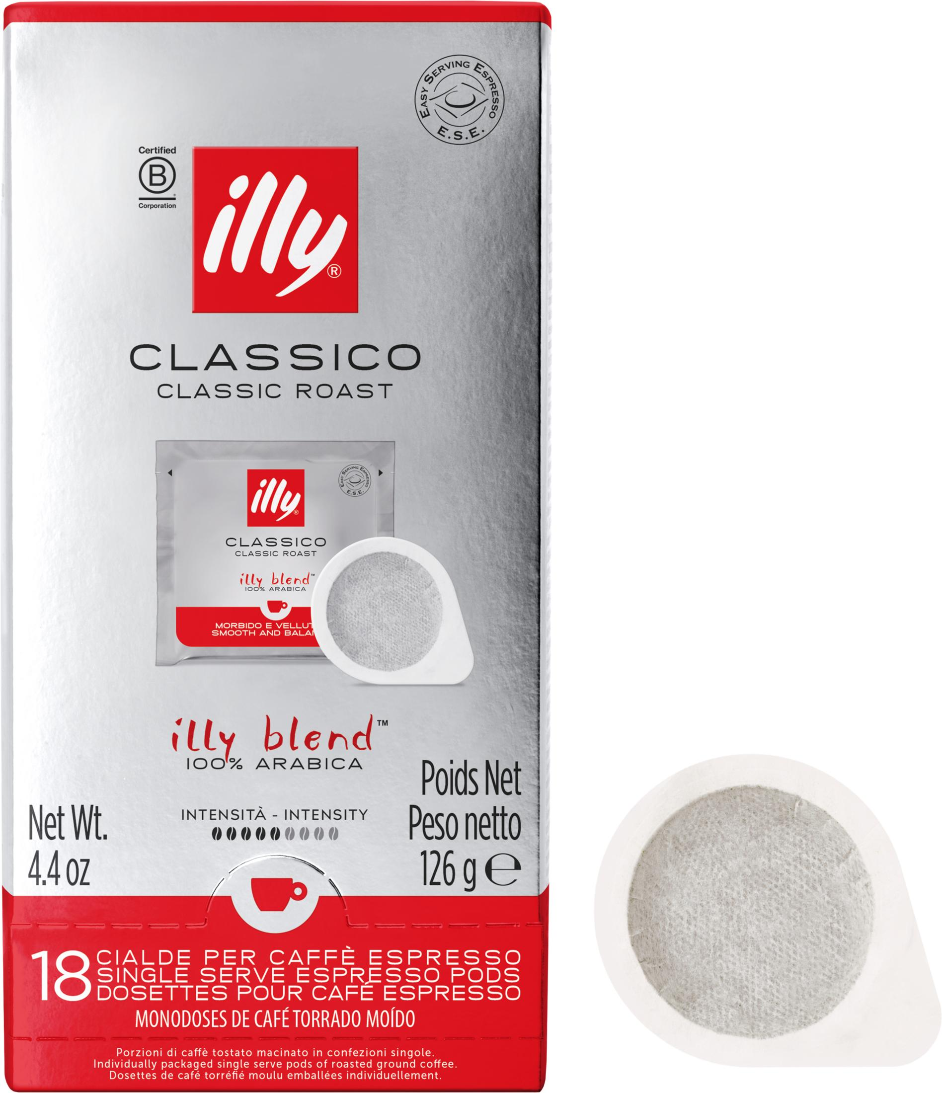 Illy Classico Classic Roast Cialde Espresso, 18 pezzi. Confezione argentata.