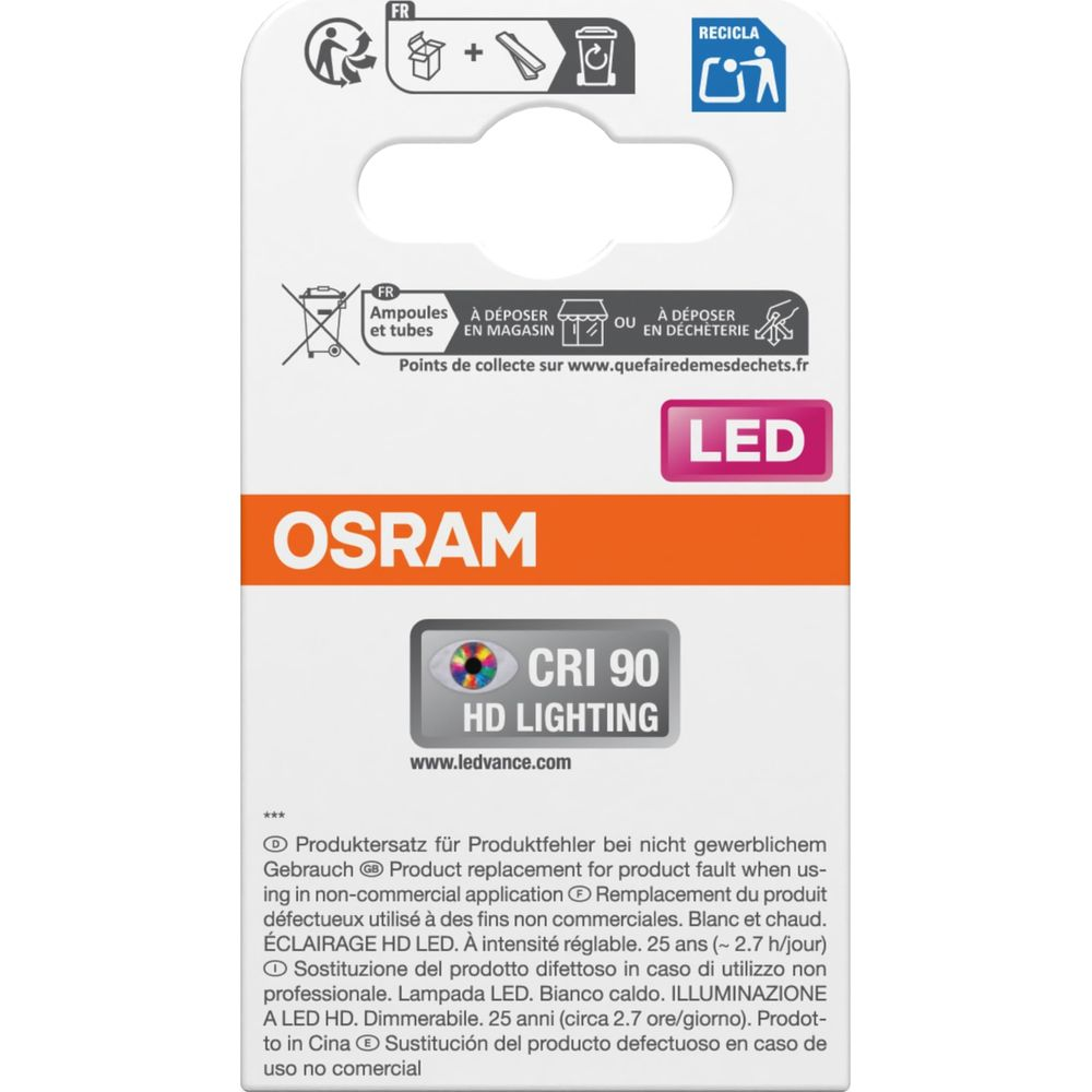 Osram LED-Verpackung mit Recycling-Symbolen, CRI 90 HD-Beleuchtung.