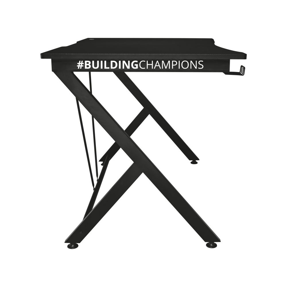 Czarny biurko z napisem "#BUILDINGCHAMPIONS" i haczykiem.