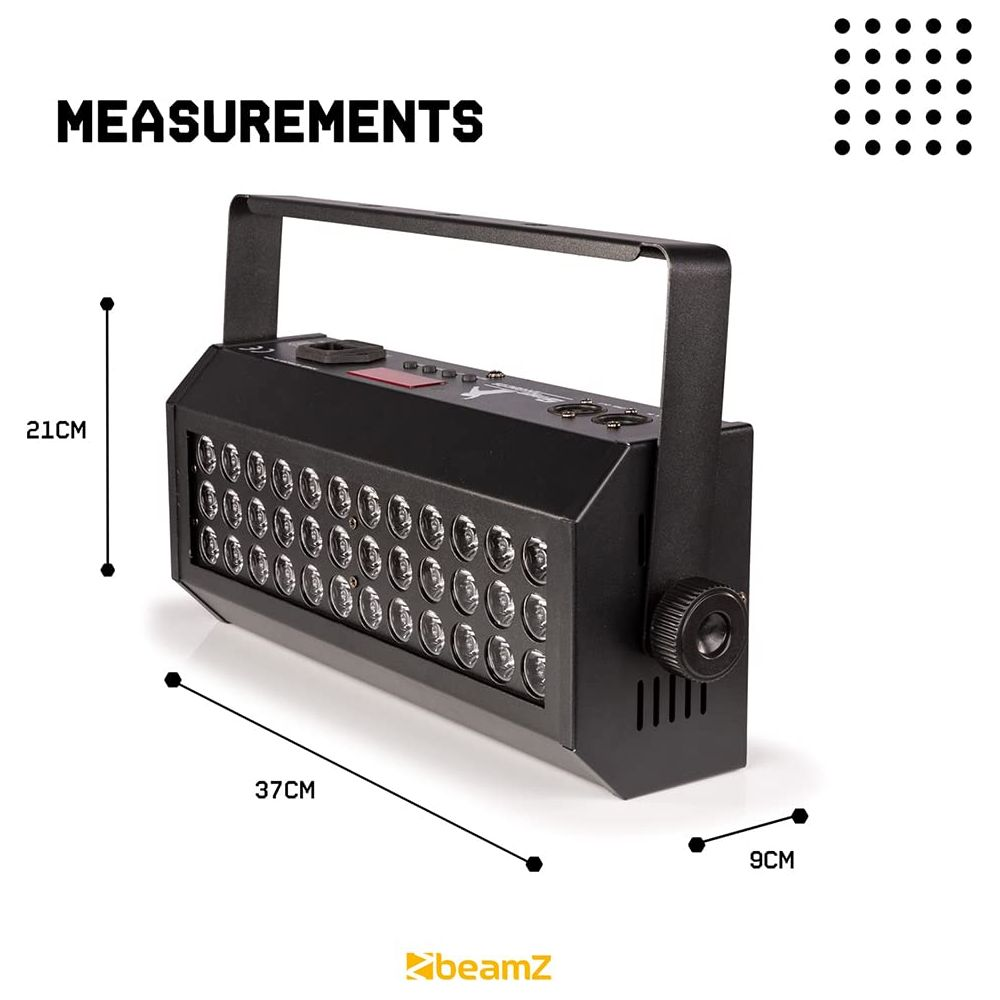 Efecto de luz negro con dimensiones: 37cm L, 21cm H, 9cm P.