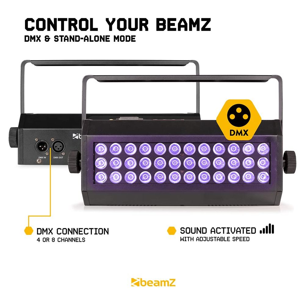Dos luces BeamZ negras con LEDs púrpuras, conexiones DMX y activadas por sonido.