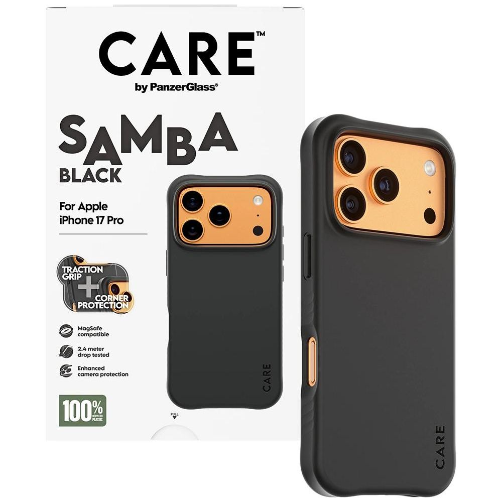 iPhone 17 Pro için siyah kılıf, CARE markalı ve kamera kesimli.