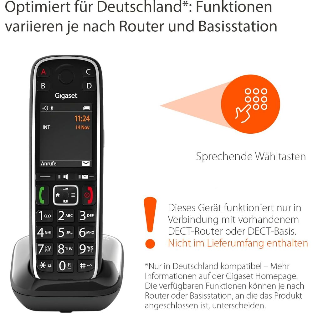 Gigaset DECT-Telefon in Schwarz auf Ladebasis, mit Display und Tasten.