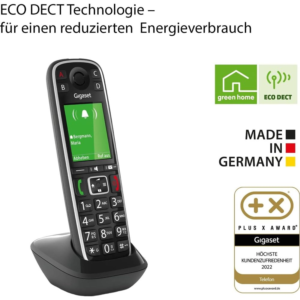 Ein schwarzes Gigaset DECT-Telefon mit Eco-Technologie und Made in Germany-Siegel.