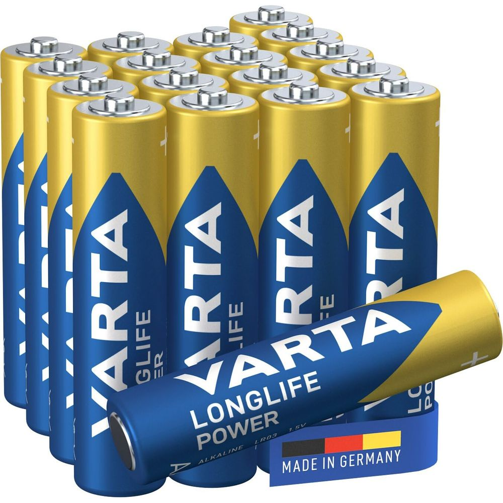 Molte batterie Varta Longlife Power, alcune davanti, su sfondo bianco.
