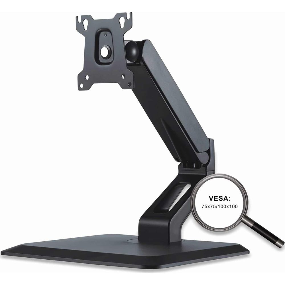 Un bras de moniteur noir avec support VESA et loupe affichant 75x75/100x100.