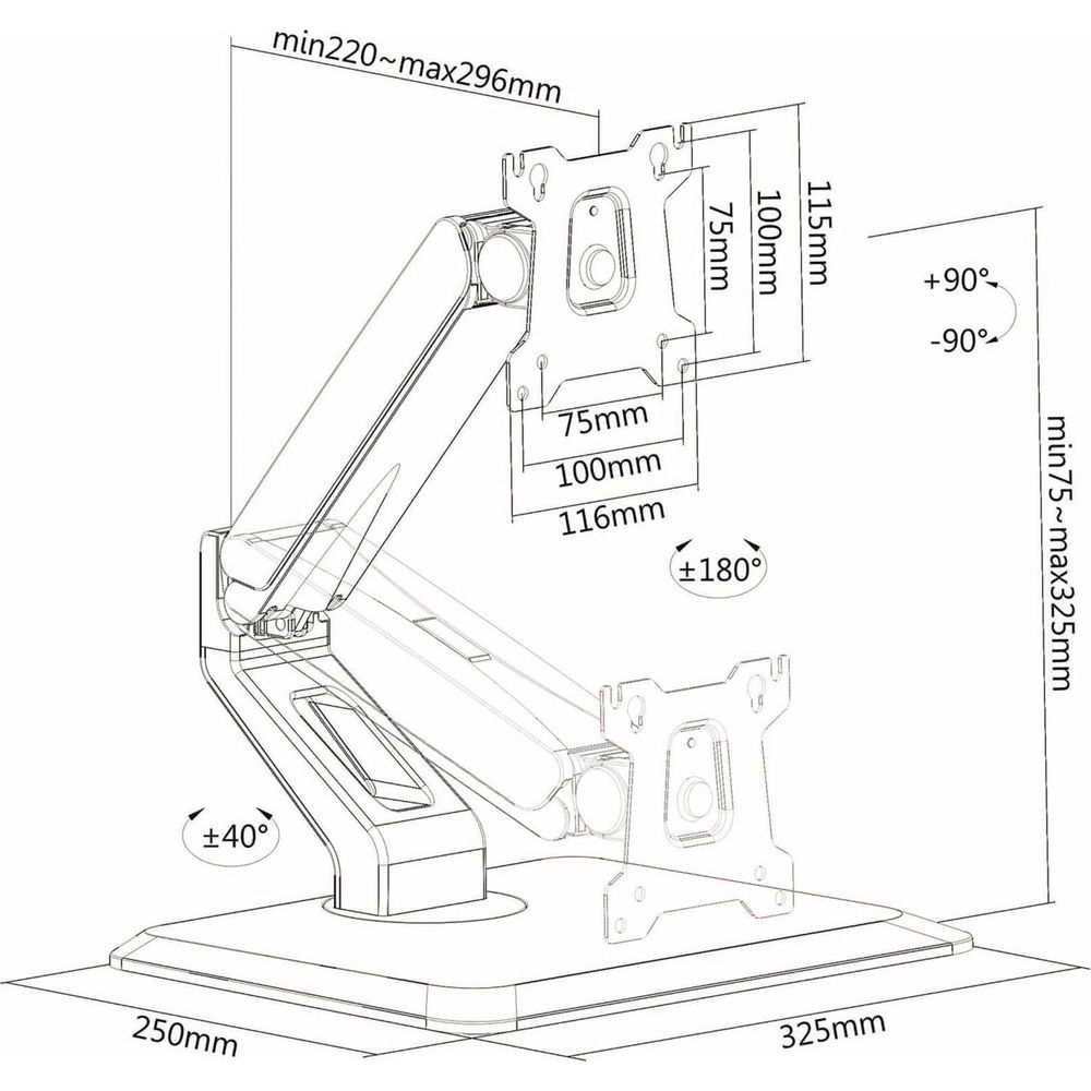 Schéma d'un bras de moniteur réglable avec dimensions et angles.