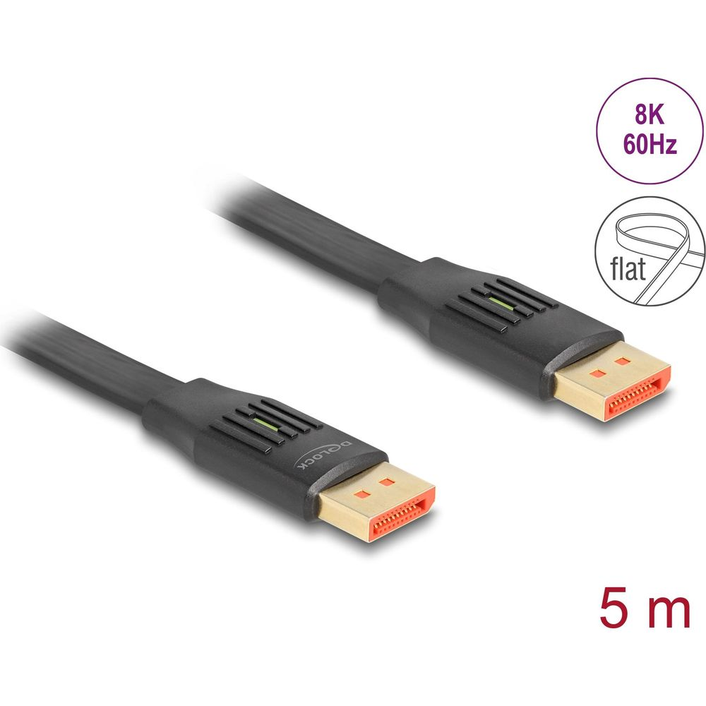 Cavo piatto da 5m con supporto 8K 60Hz. Un connettore in primo piano, uno più indietro.