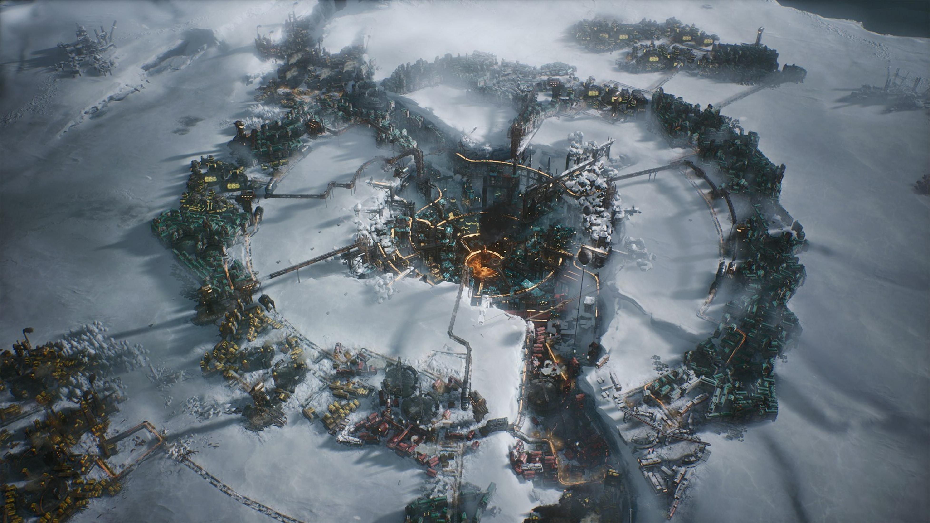 Una città futuristica in un paesaggio innevato con luci.