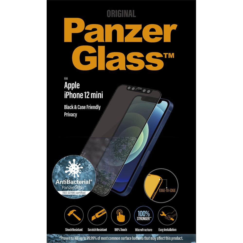Protezione schermo Panzer Glass per iPhone 12 mini, con protezione antibatterica.